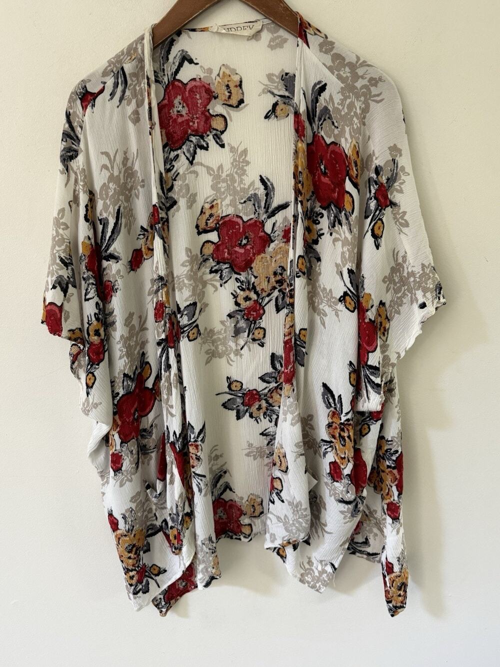 Audrey 3+1 Large Women Floral 3/4 Sleeve Open Front Flowy Sheer Kimono Boho